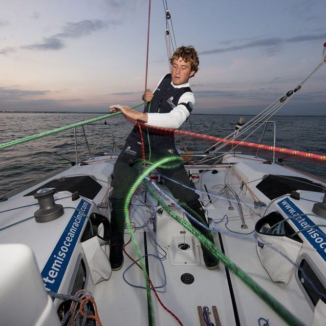 Pictures of Sam Goodchild training onboard his Artemis Figaro prior to the stat of the Solitaire du Figaro later this month.  Credit: Lloyd Images
